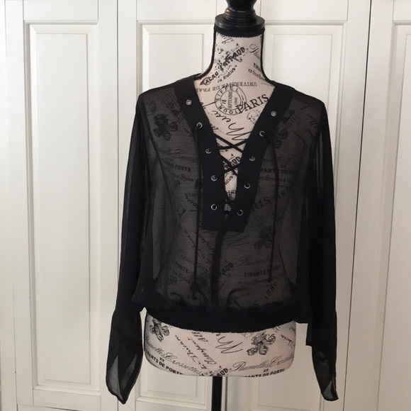 Express xs black sheer lace up blouse black - Picture 1 of 6